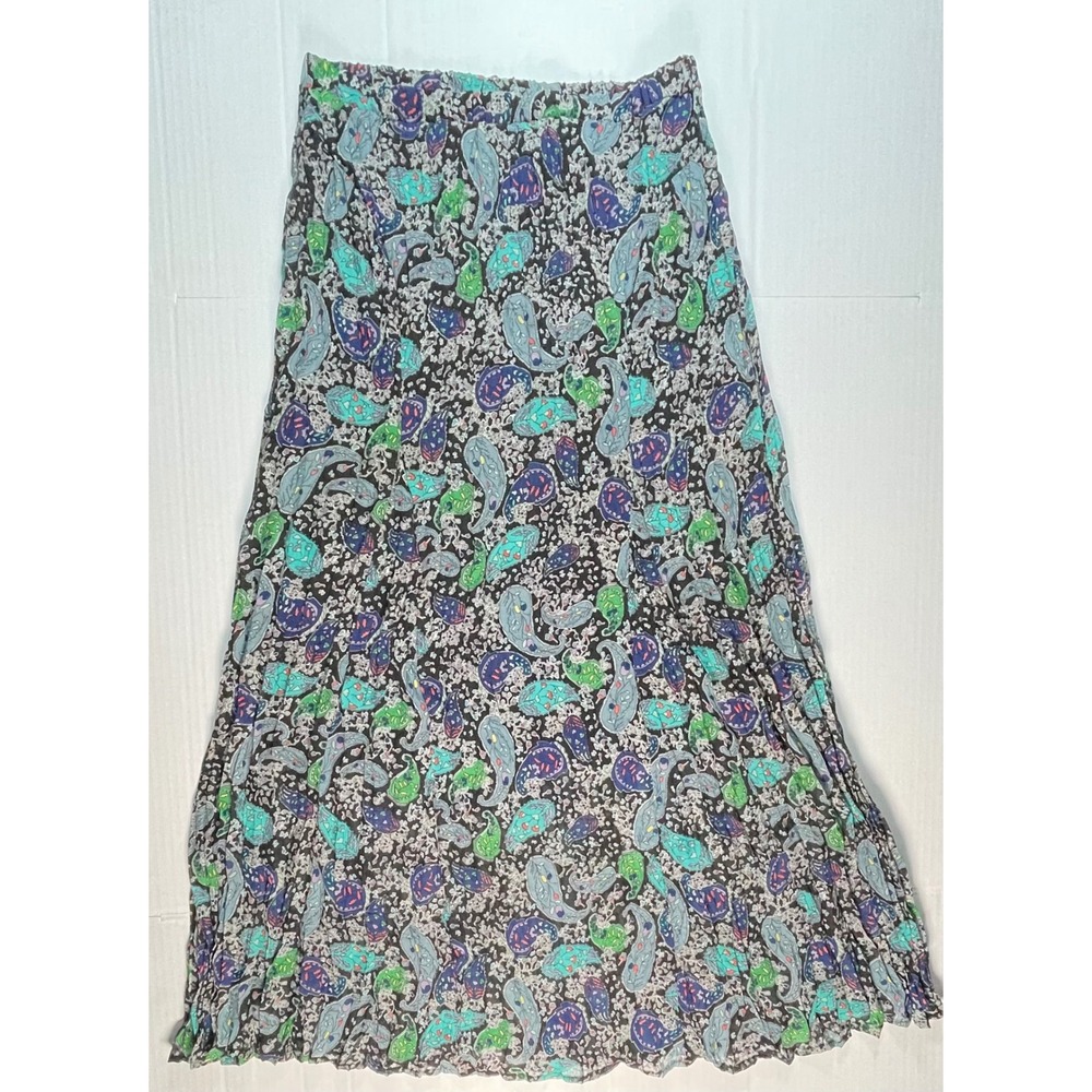 Apostrophe Maxi Skirt Women Medium Black Paisley Elastic Pull On Pleated Lined